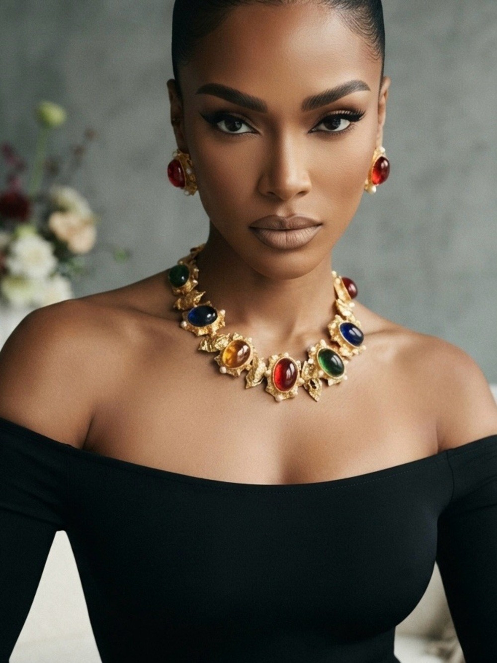 18KGP Vintage Inspired Multicolor Gemstone Statement Necklace & Earring Set