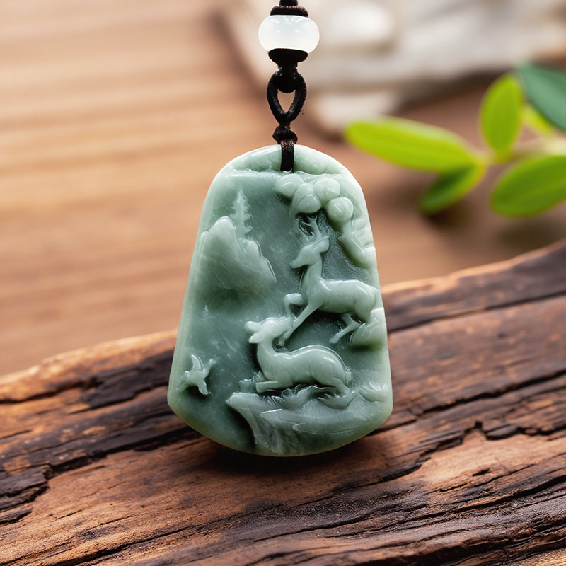 Green Real Jade Deer Pendant Necklace Natural Jewelry Carved Amulet
