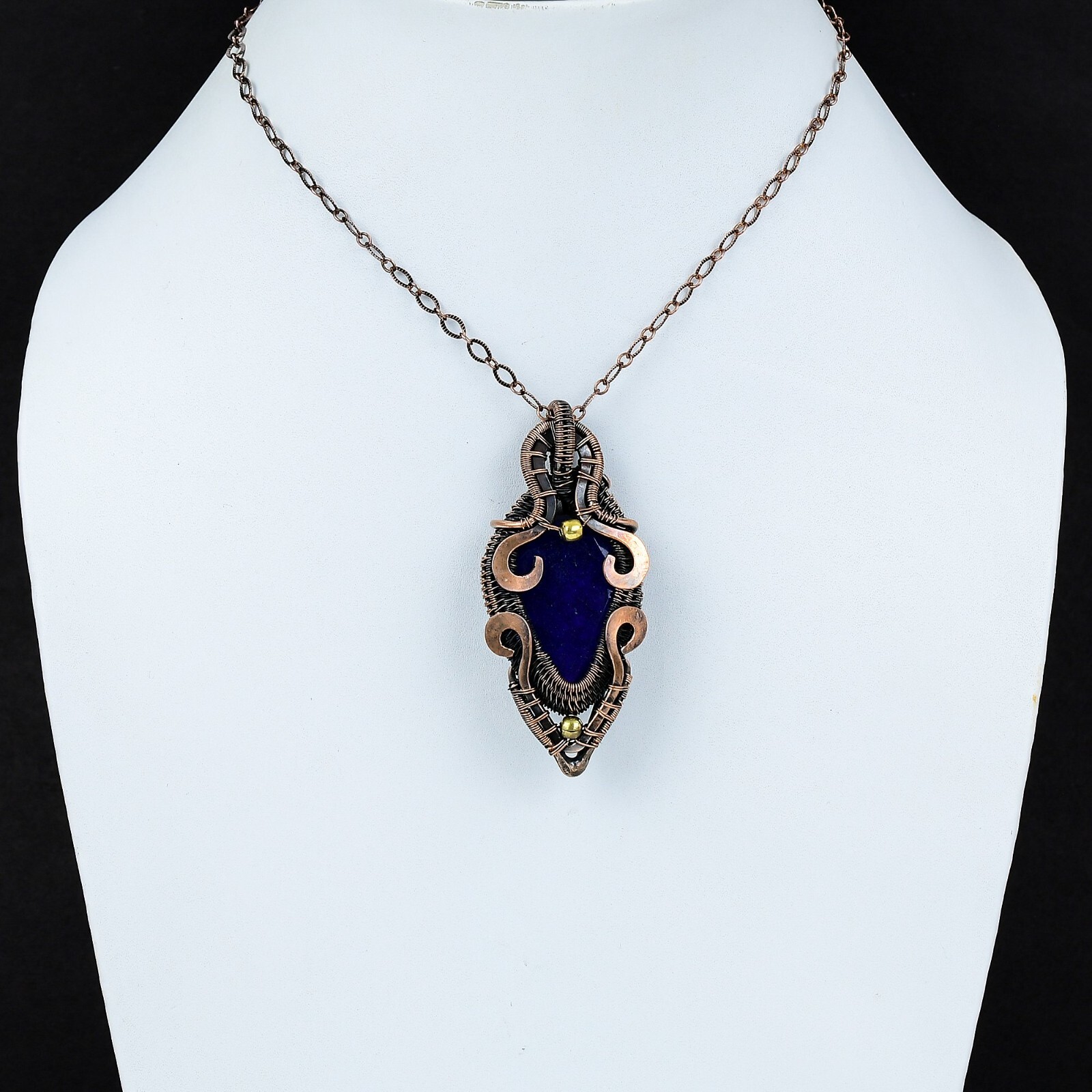 Gift For Women Jewelry Wire Wrapped Pendant Copper Blue Saphire Gemstone 2.64″