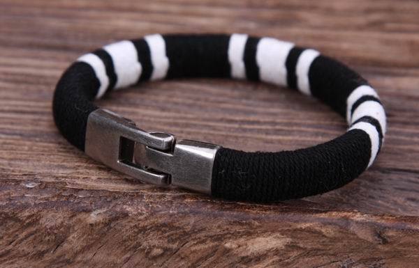 G105 Black w/ White Surfer Young Cotton Wraps Leather Bangle Bracelet Cuff Men’s