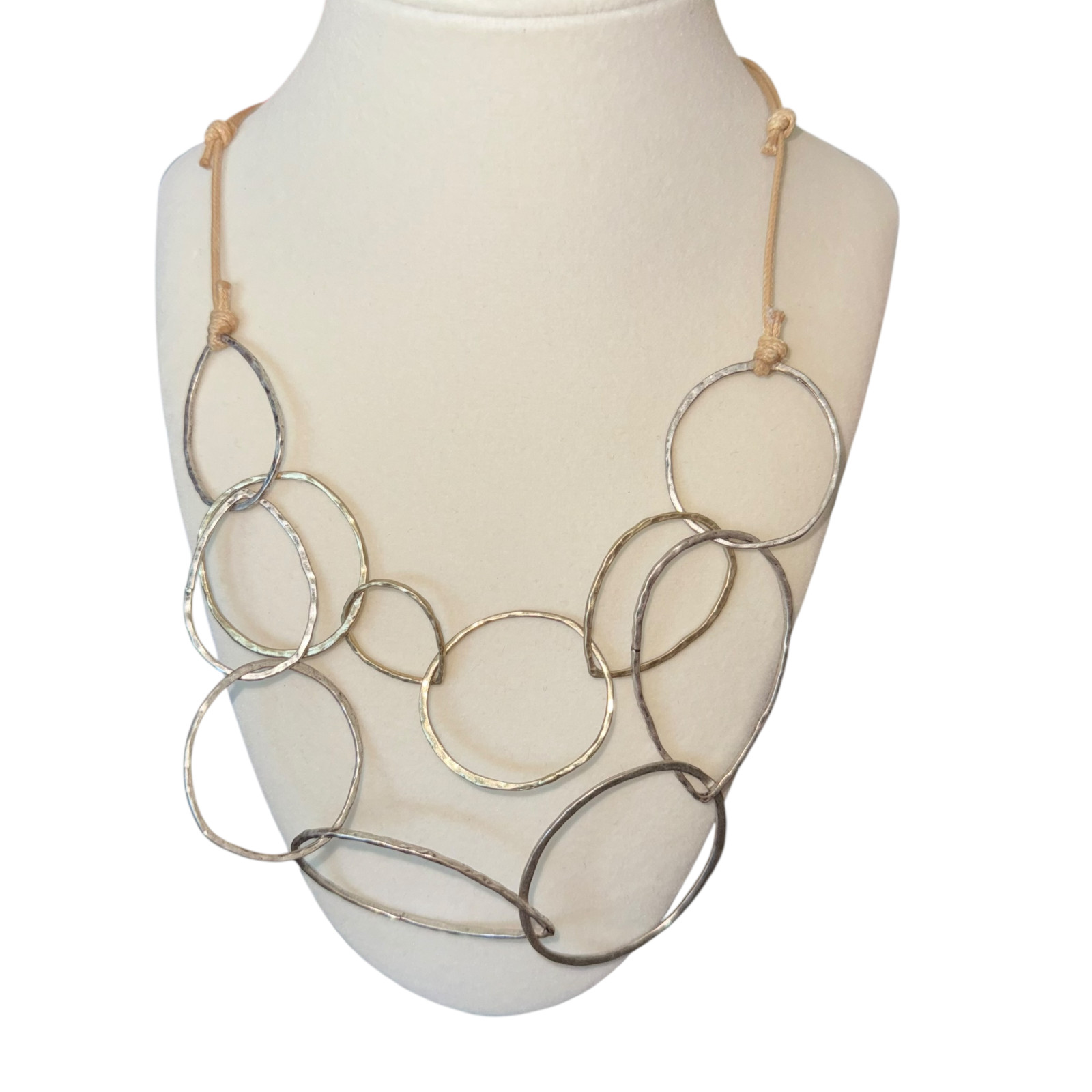 J. Jill Hammered Rings Necklace Mixed Metal Adjustable Cord Boho Artisan Coastal
