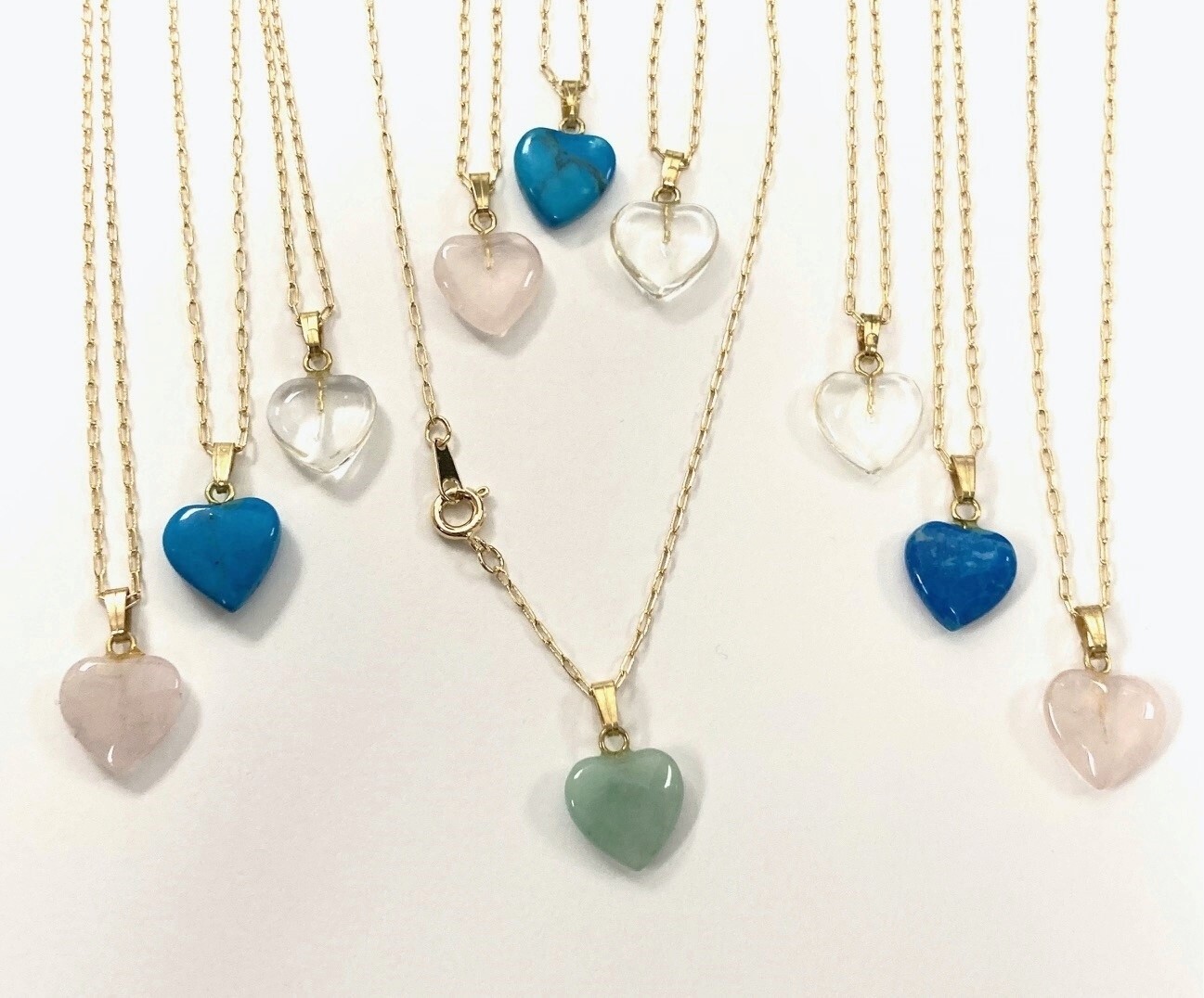 10 ASSORTED GENUINE GEMSTONE 12mm HEART PENDANT GOLD PLATED CHAIN NECKLACES V241
