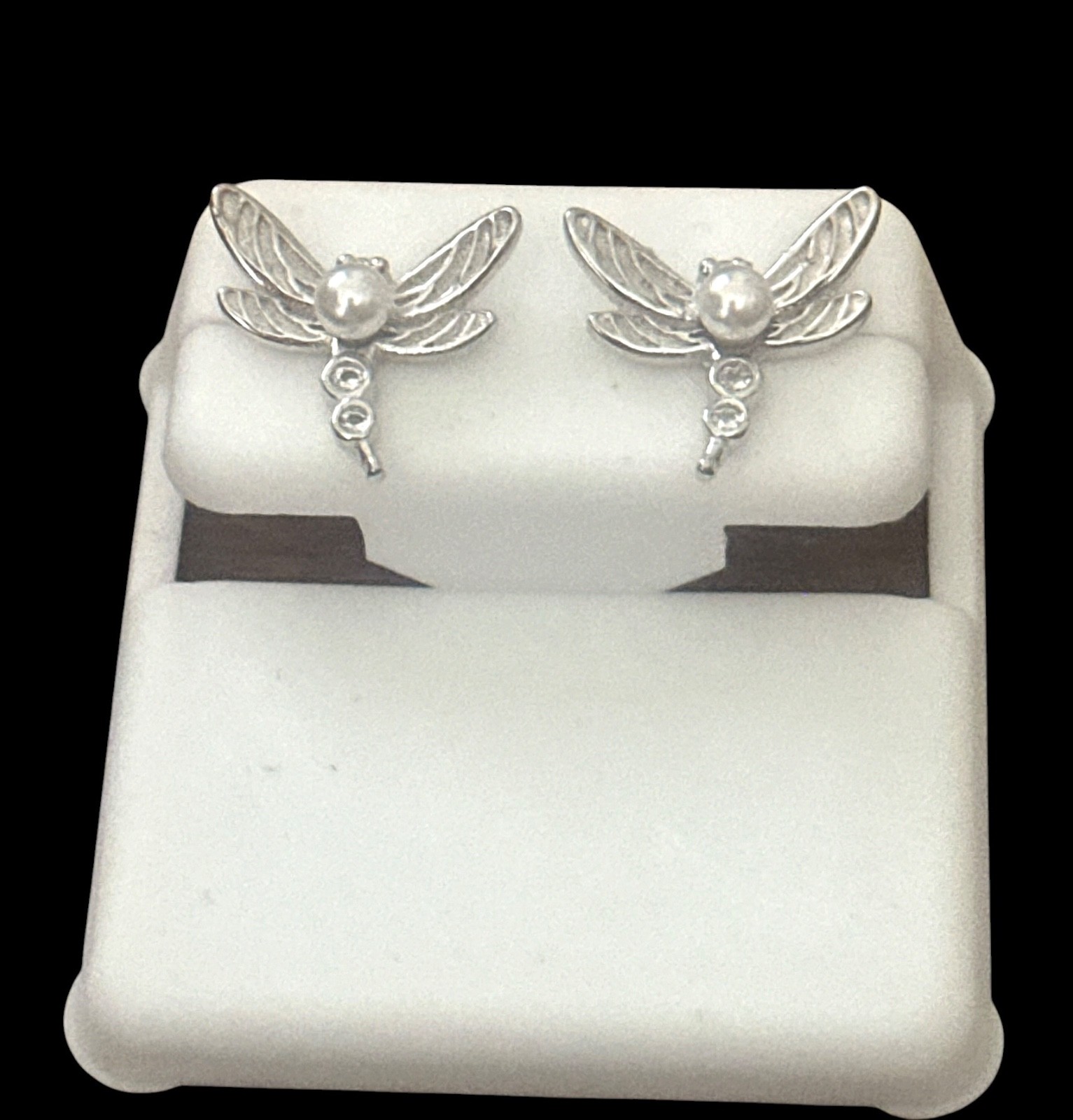 Sterling Silver Earrings – Dragonflies -cubic zirconia- pearl bead-post back