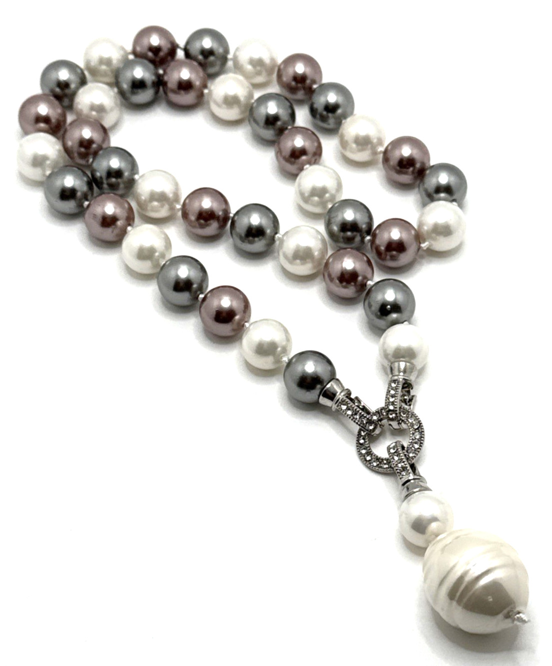 SAACHI Faux Pearl Necklace Detachable Pendant Rhinestone Accents Gray Purple 22″