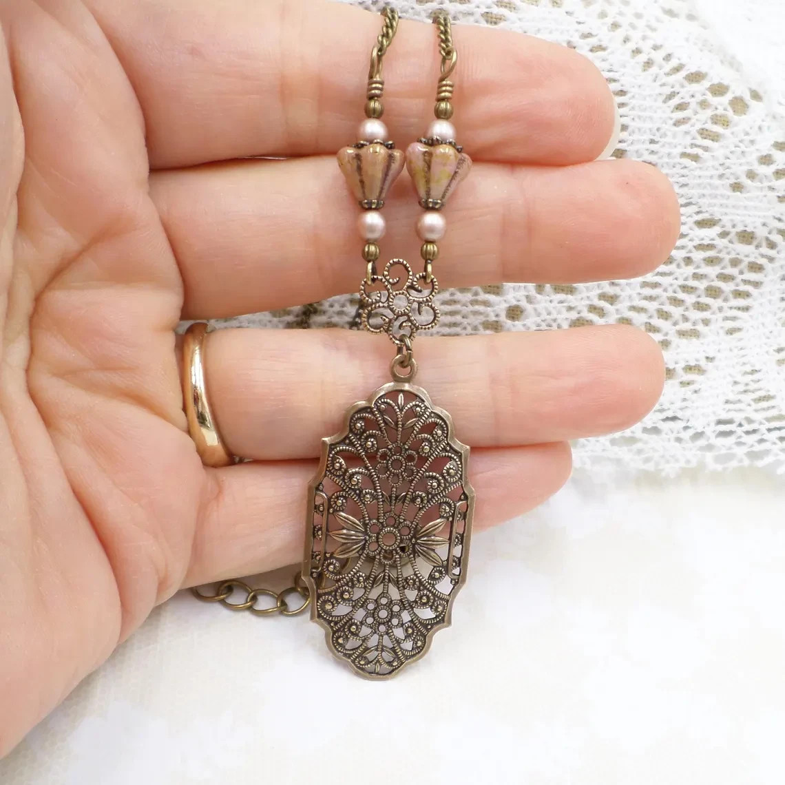 Victorian Style Brass Filigree Blush Pink Flower & Pearl Necklace Set
