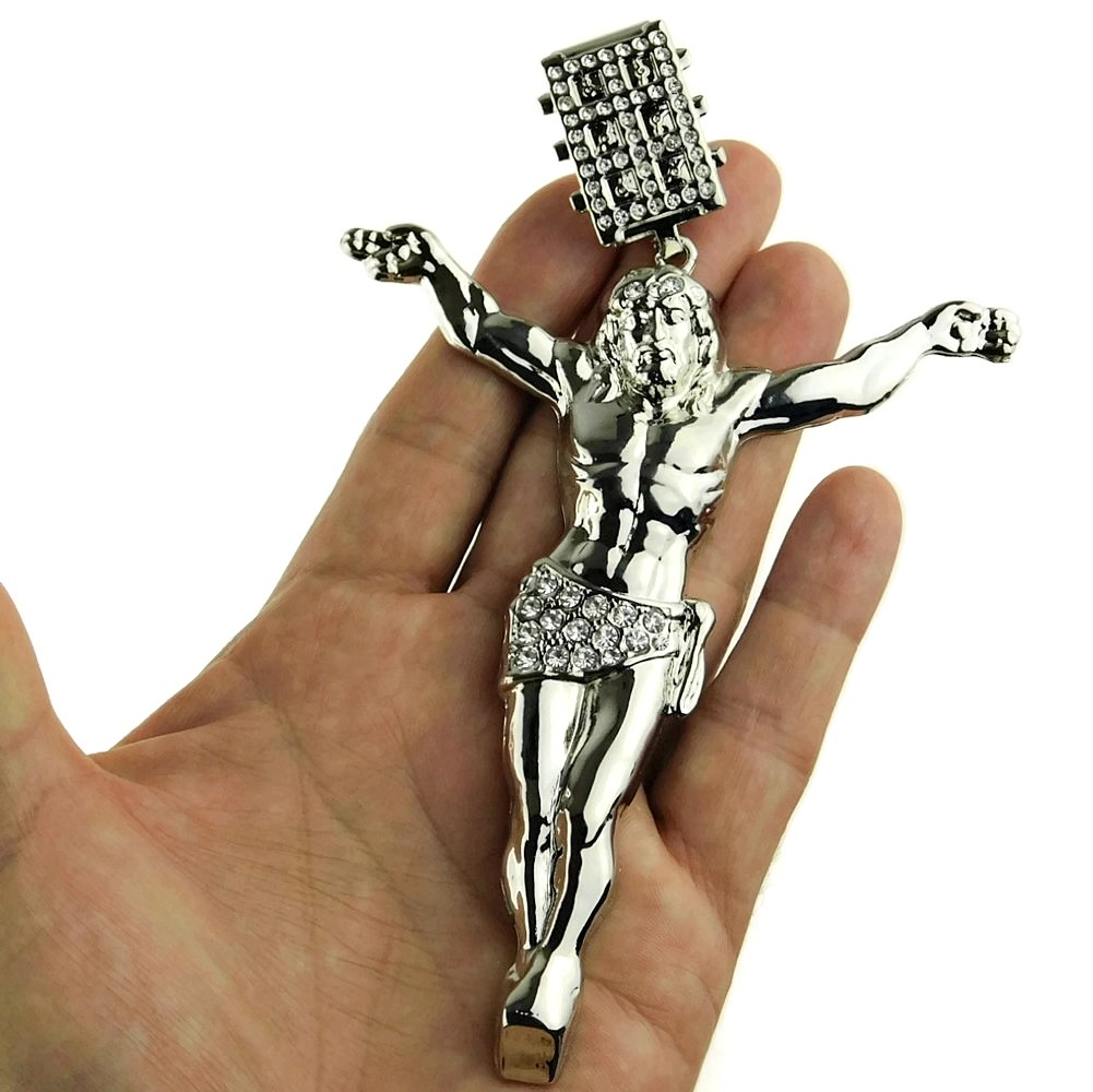 Huge Jumbo Jesus Body Pendant Iced Simulated CZ Silver Tone Crucifix Cross 4.5″