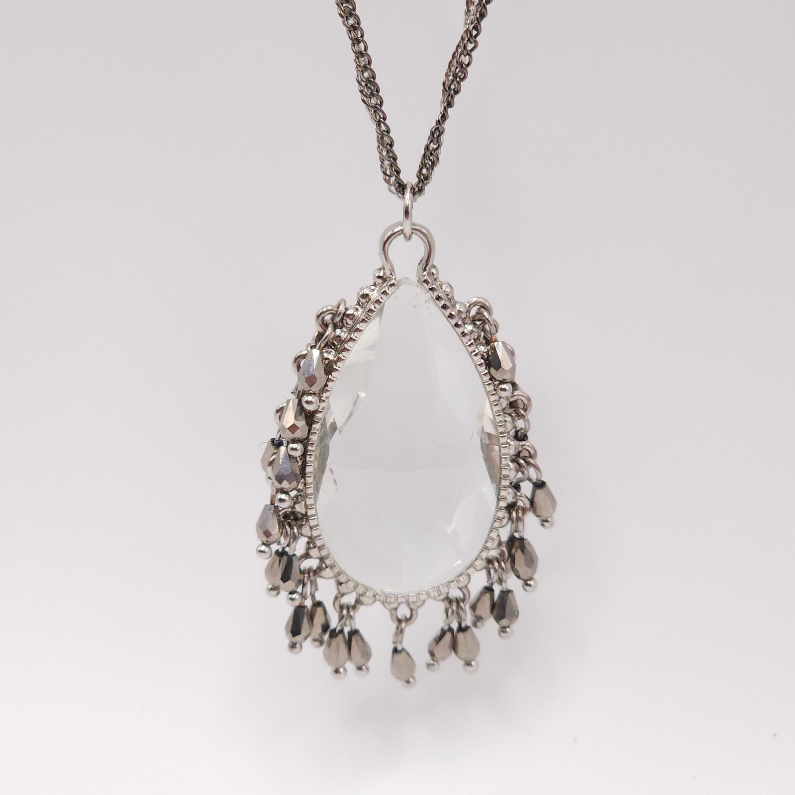 Silver Tone Crystal Teardrop Pendant Necklace Double Strand Adjustable 32-35in