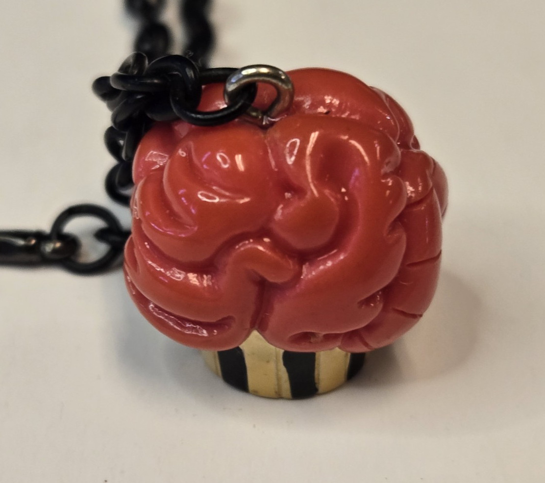 Sourpuss Necklace Brain Cupcake with Knife 10 in Chain