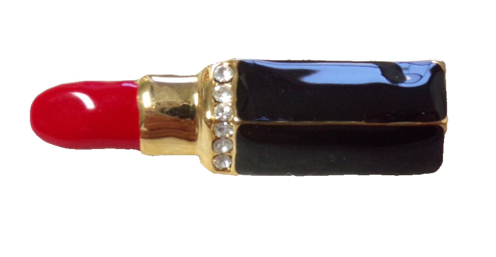 RED LIPSTICK CASE VINTAGE PIN JEWELRY BROOCH GOLD TONE METAL WITH WHITE ZIRCONIA