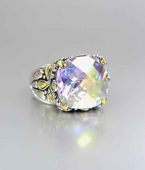 NEW 18kt Gold Plated Iridescent Aurora Borealis Crystal Balinese Filigree Ring