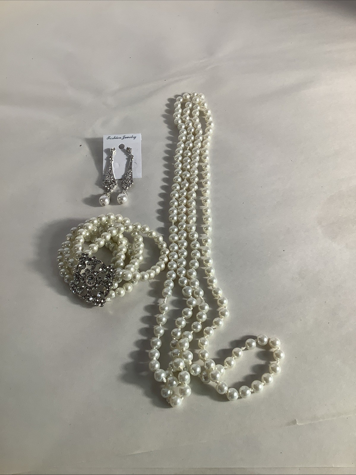 Costume Pearl 30 In Necklace, 7 -8 Inch Bracelet And Drop Earrings