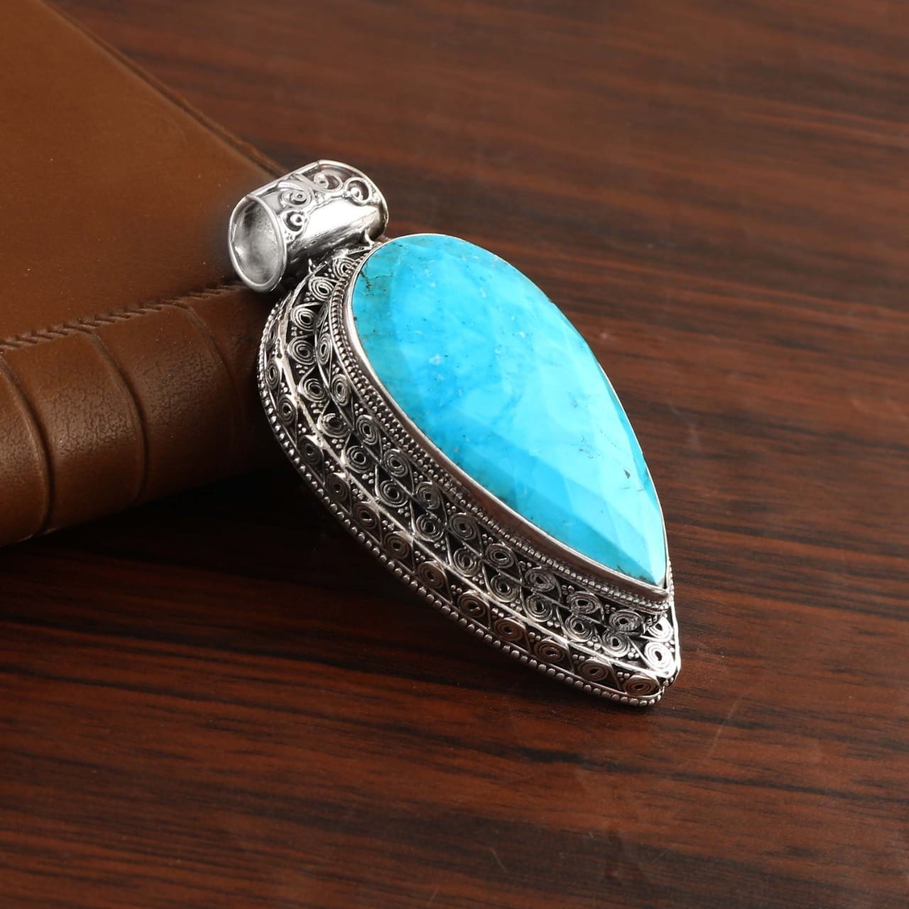 Handmade Magnesite Turquoise Teardrop Pendant, 925 Sterling Silver pendant