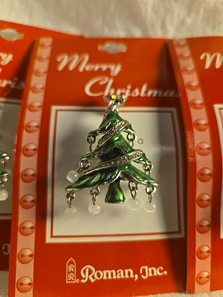 Roman, Inc. Merry Christmas Tree Brooch Pins Lot Of Three