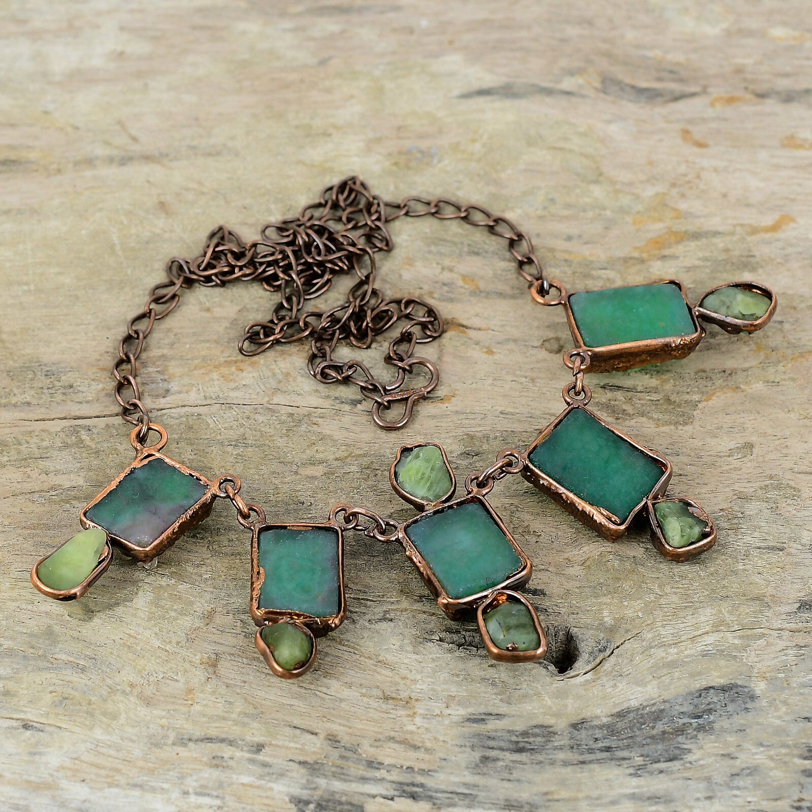 Green Druzy Electroformed Adjustable Necklace Handcrafted Copper Gift 18.0″