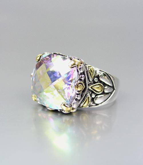 NEW 18kt Gold Plated Iridescent Aurora Borealis Crystal Balinese Filigree Ring