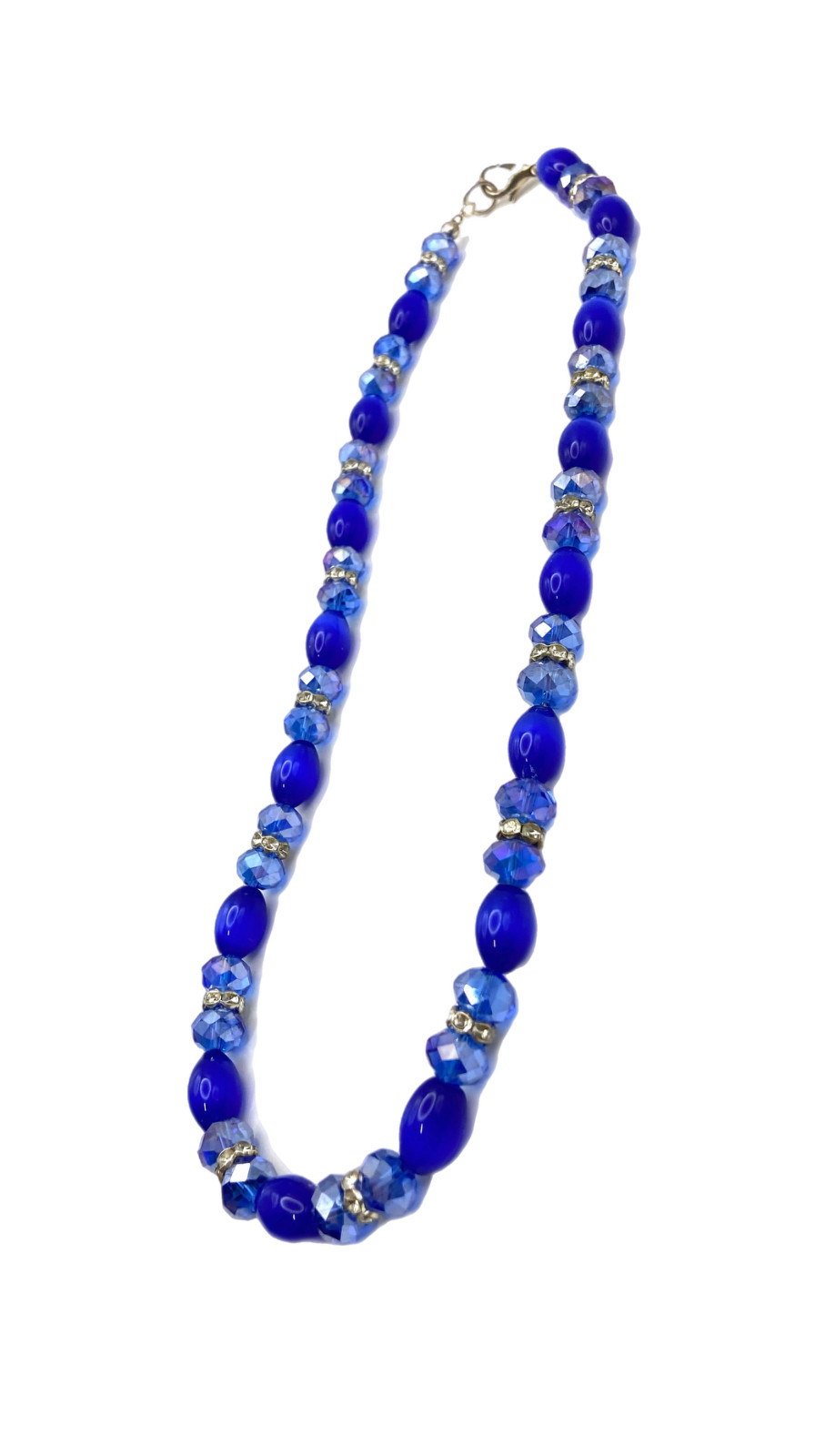 Cobalt Blue Faceted Crystal Glass Rhinestone Accents Choker Beaded Necklace 21″