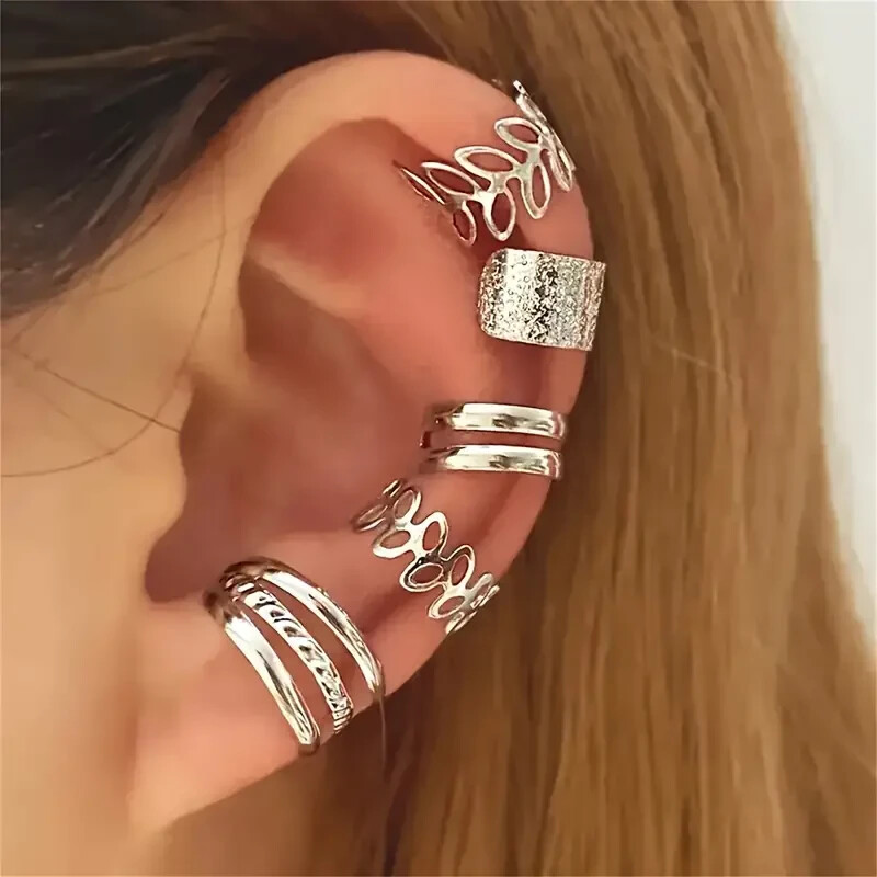 Trendy 5 Piece Wrap Cuff Earring Set Fits One Ear No Piercing Silver Toned