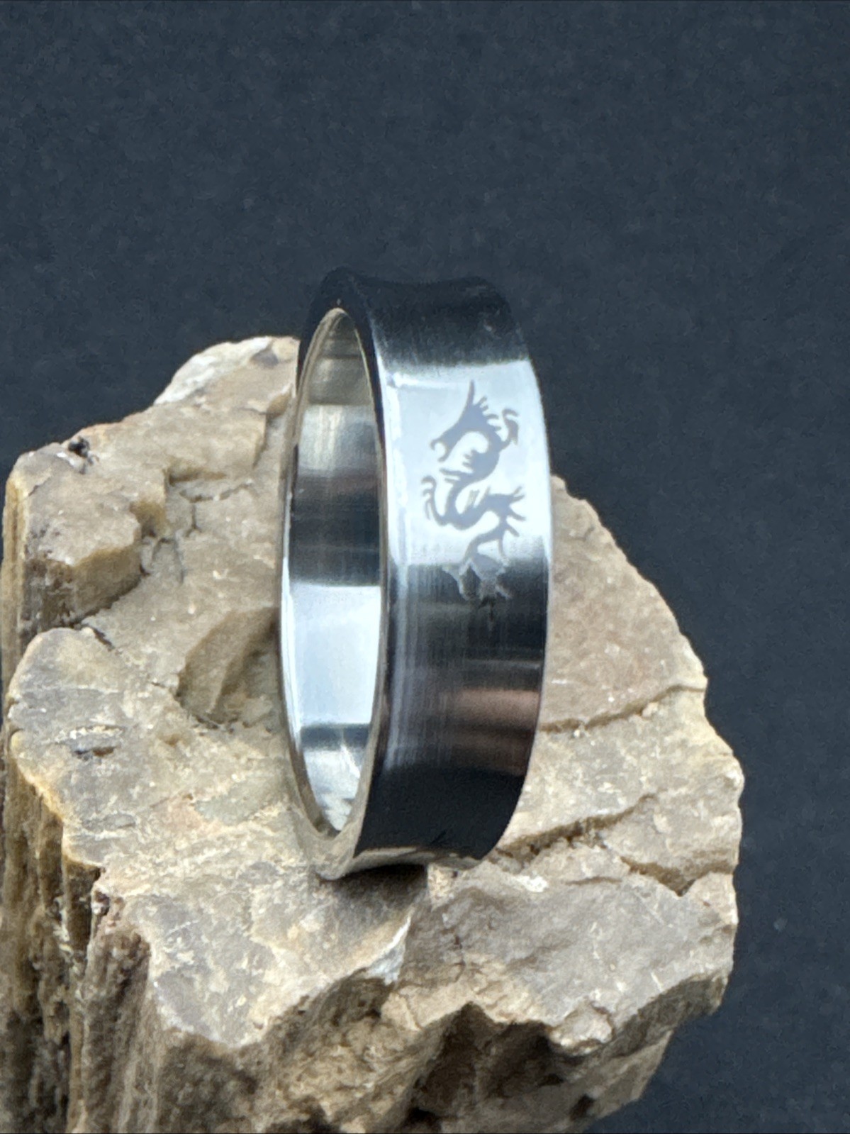 Concave Ring Laser Etched Dragon Design Stainless Steel 6mm
