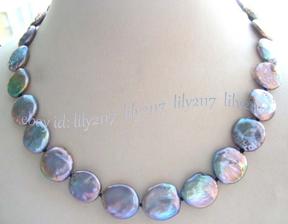 RARE LARGE 13-14MM NATURAL BLACK COIN SHAPE FRESHWATER PEARL NECKLACE 14-36inch