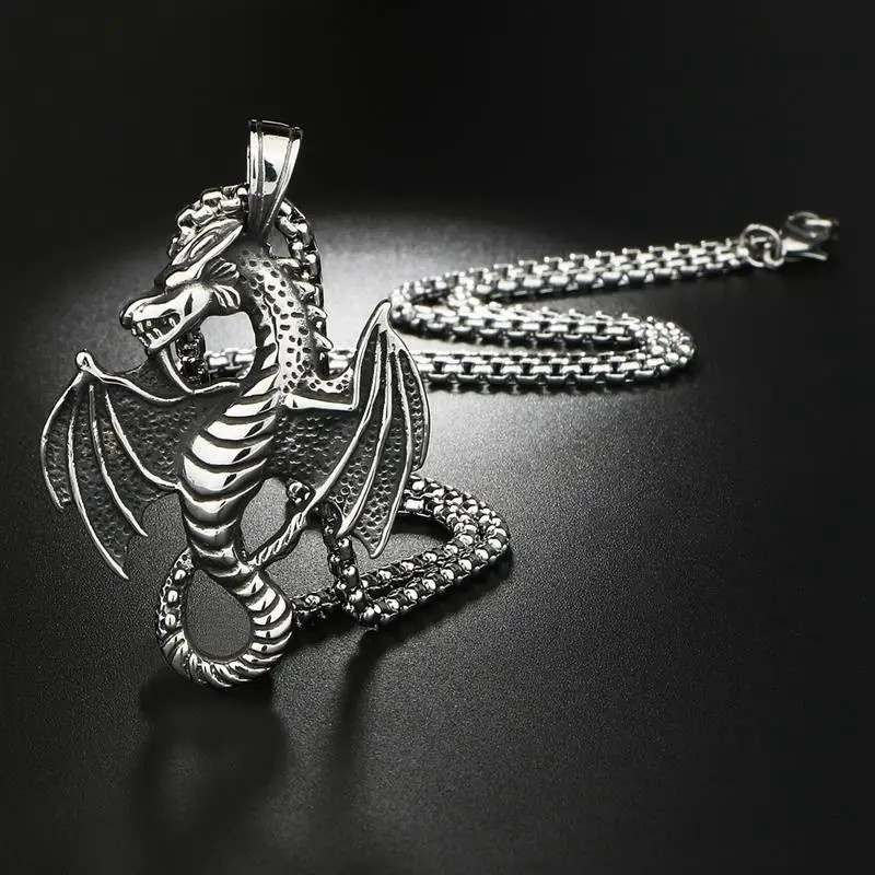 Dragon Flying Necklace Jewelry Vintage Silvery Magical Gothic Pendant