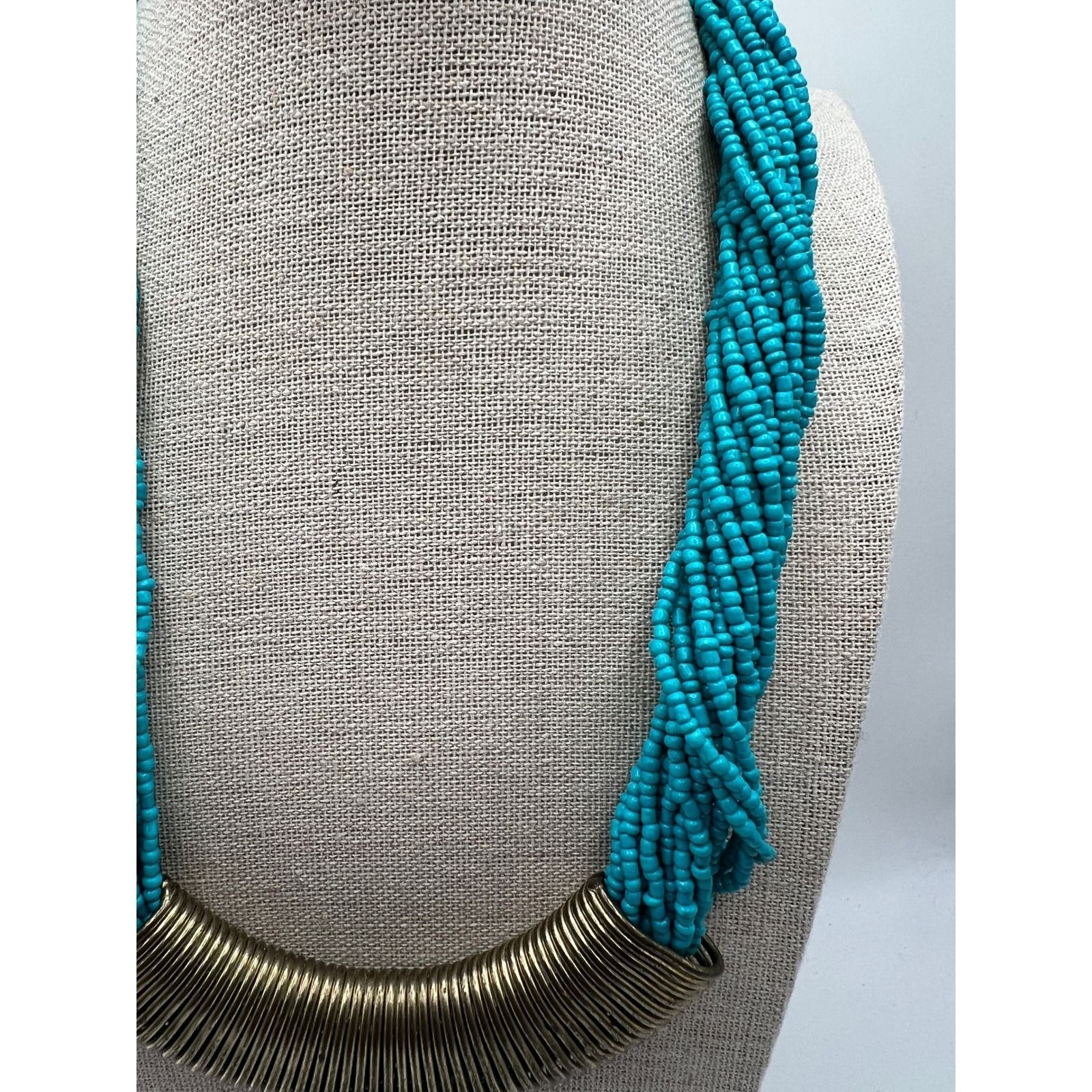 Turquoise Seed Bead Bib Necklace Boho Southwestern Minimalist Gold Blue 19-22in