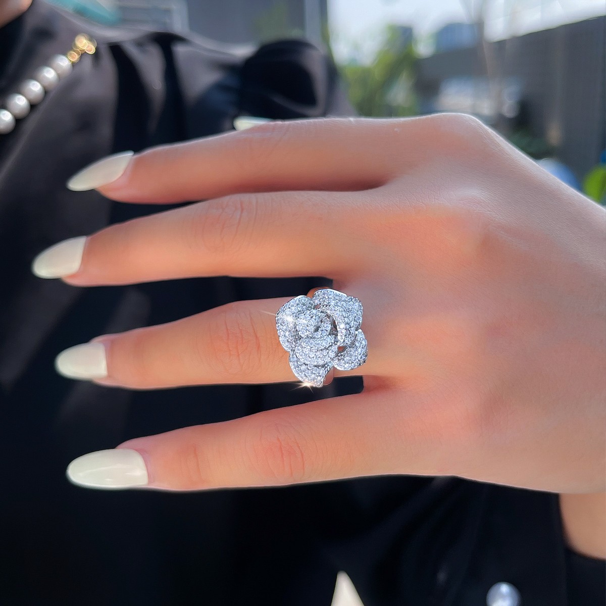 Exquisite Flower Engagement Ring Silver Plated CZ Zirconia Adjustable Women Gift