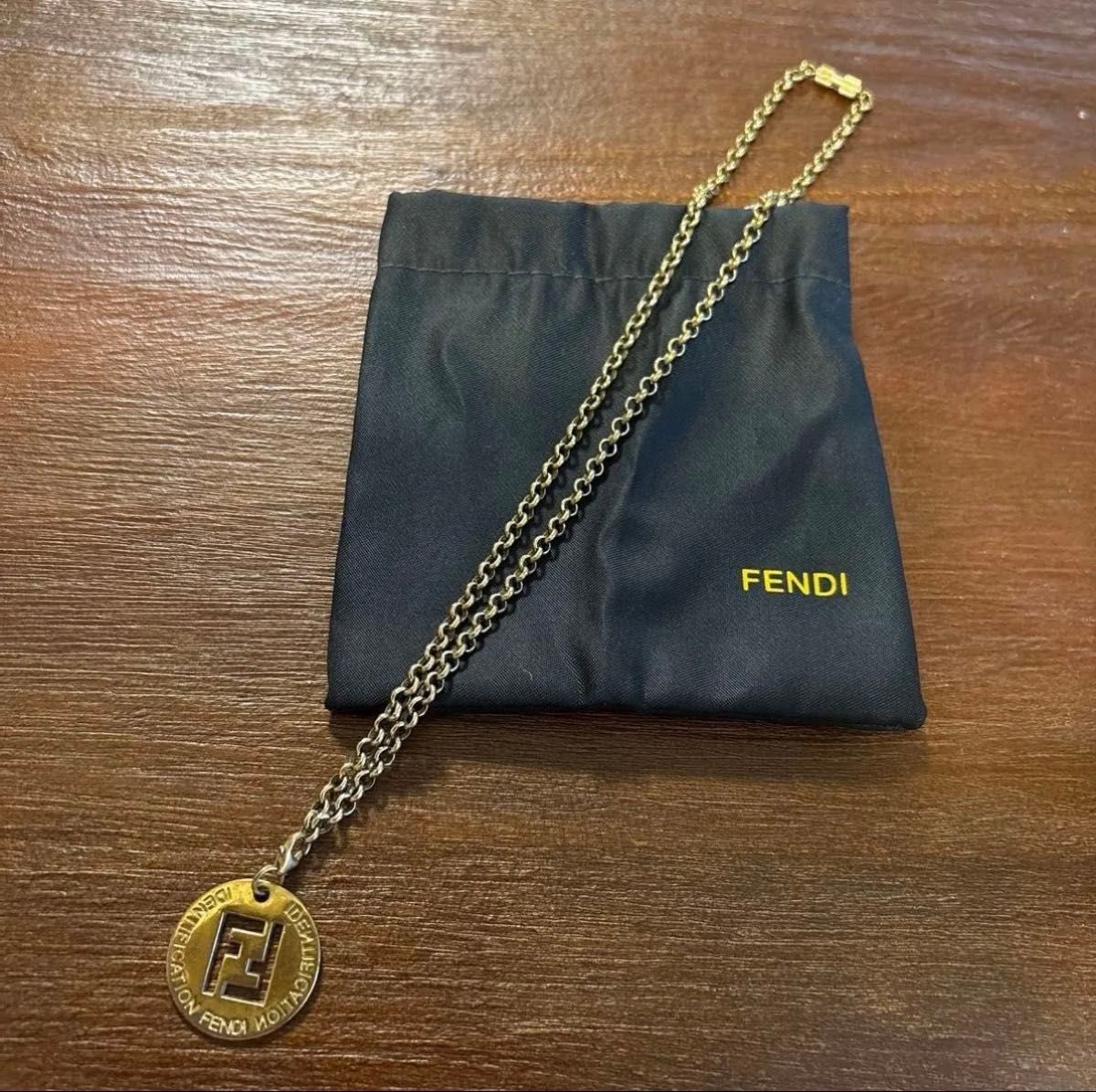 Fendi Necklace FF Logo Round Pendant Top Charm Gold-tone Hardware Chain 17.7in