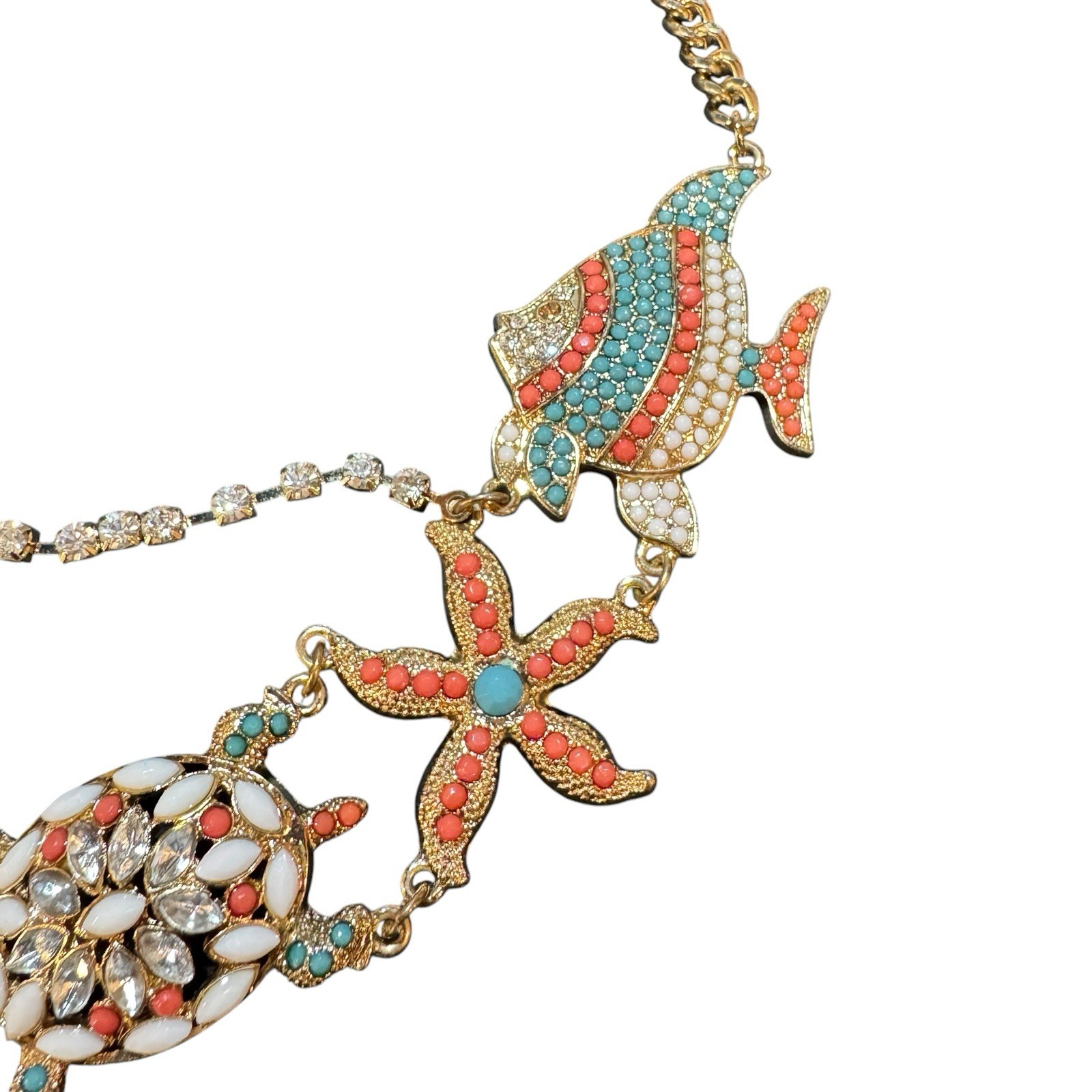 Nautical Necklace Statement Shell Fish Coral Gold White Turquoise Beach Tropical