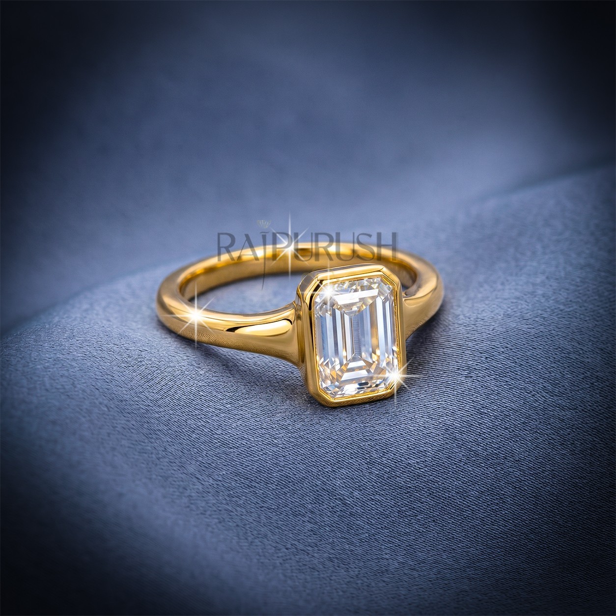 1ct Emerald Cut Moissanite Ring Bezel Set Solitaire 14K Gold Plated 925 Silver