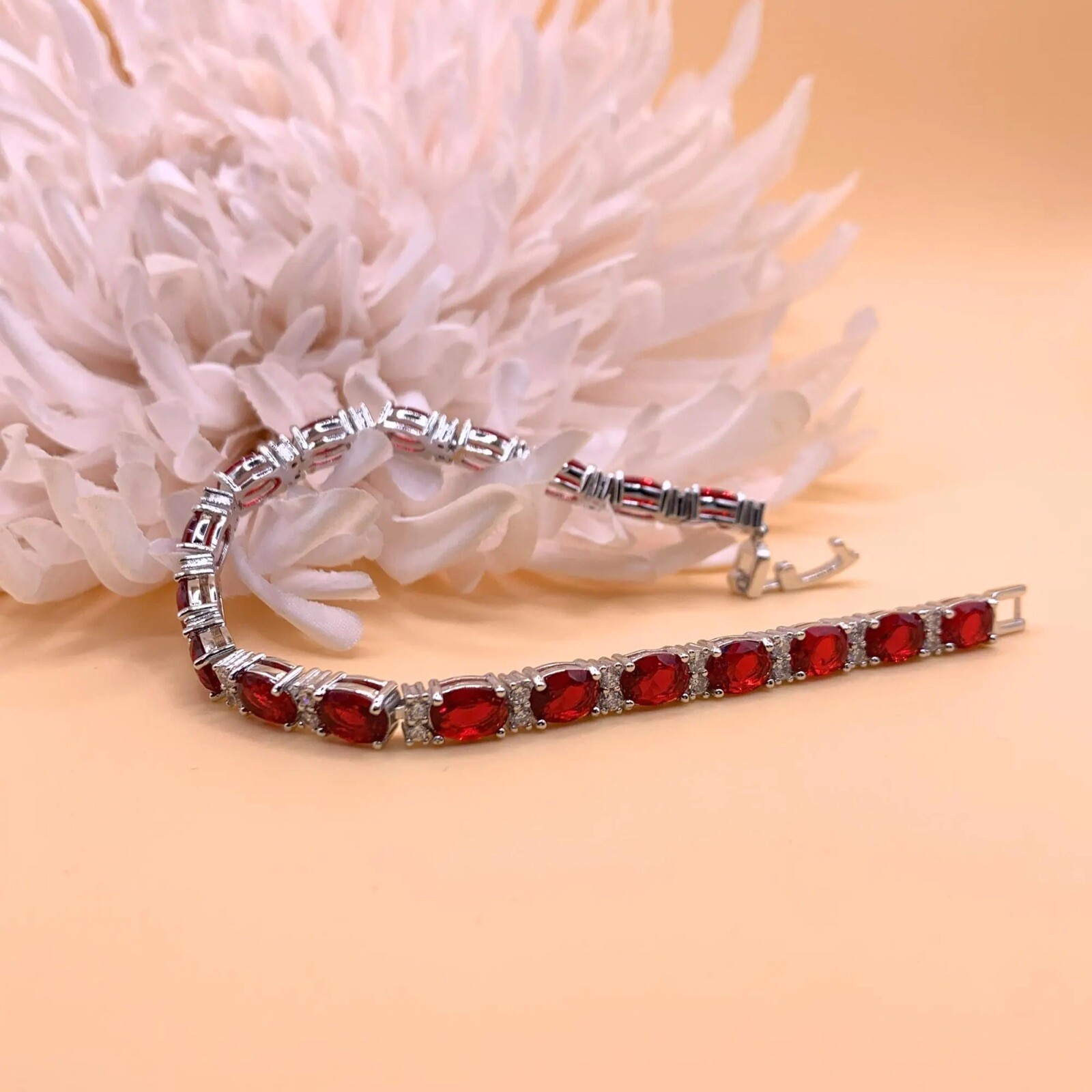 Red Ruby July Birthstone Oval Cut White Gold Bracelet – Free Gift Box Included