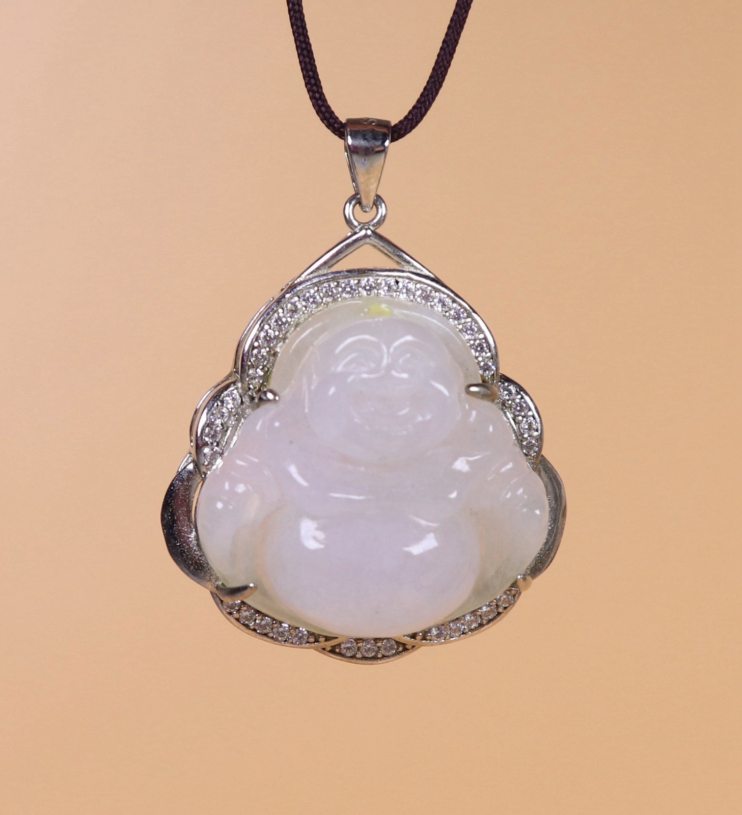 Certified 925 Silver Inlay Green Natural A jadeite Maitreya Buddha Pendant 32531