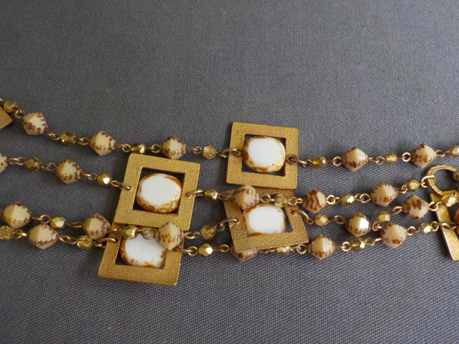 Seasonal Whispers Square Necklace Gold Tone Metal Glass Plastic Bead Linked