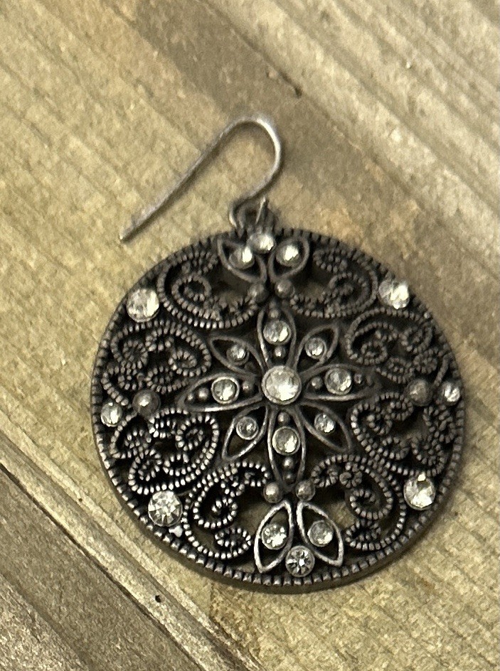 Round Filigree Gun Metal Grey Rhinestone Pierced Dangle Earrings 1 3/4”