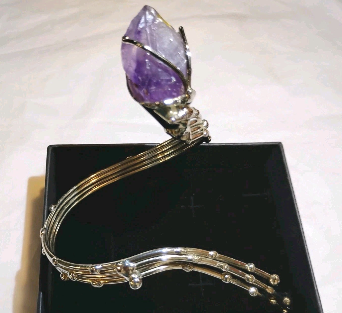 Raw Amethyst Point Silver Tone Brutalist Sculptural Wrap Bracelet