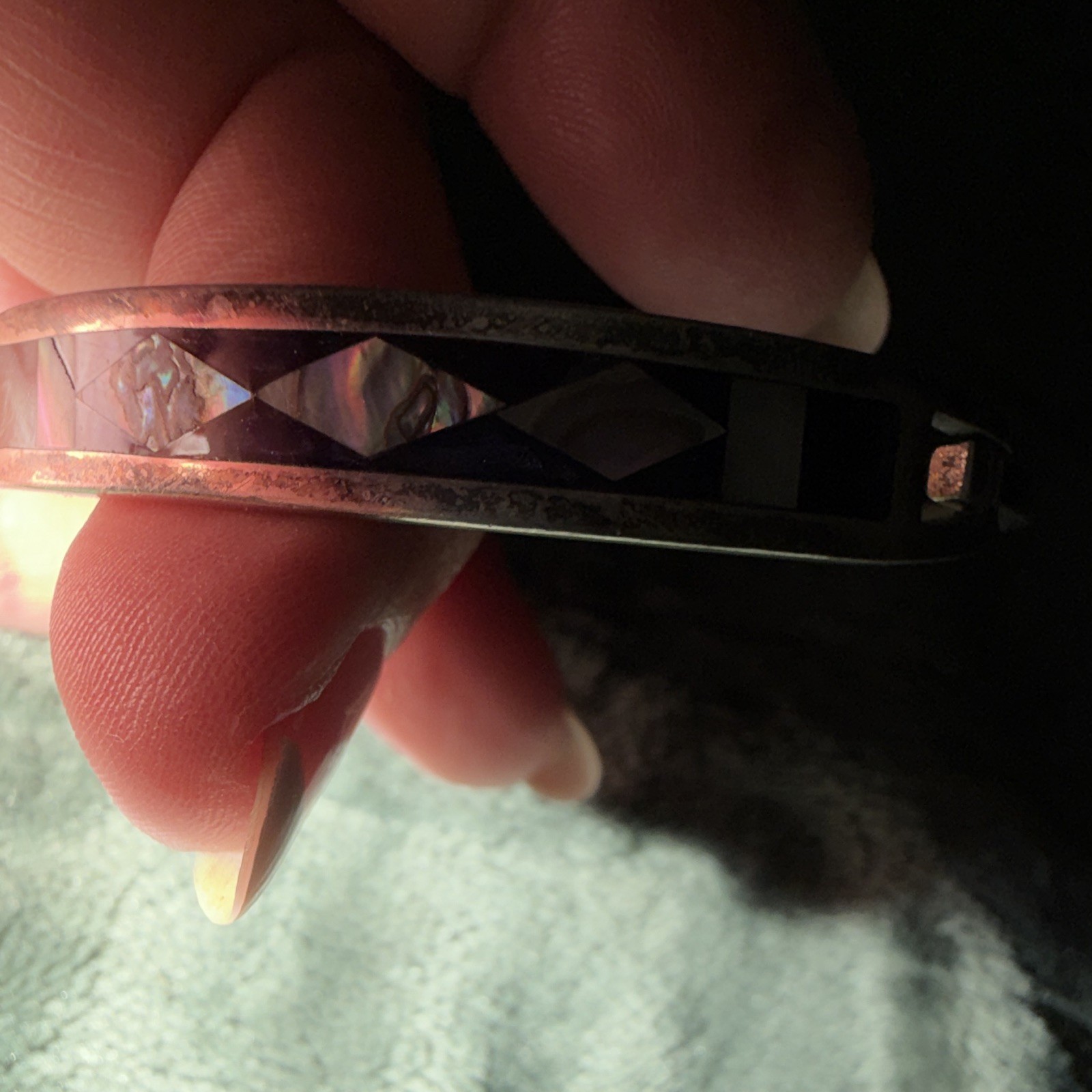Silver Shell Inlay Cuff Bangle Bracelet, Blue & White Geometric