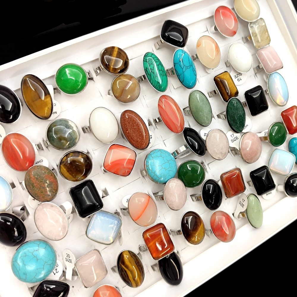 10Pcs Big Natrual Gemstone Stone Ring Mixed Shape Silver Stainless Steel Jewelry