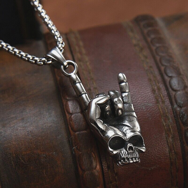 Men’s Gothic Skull Rock Hand Pendant Necklace Punk Retro Jewelry Box Chain 24″