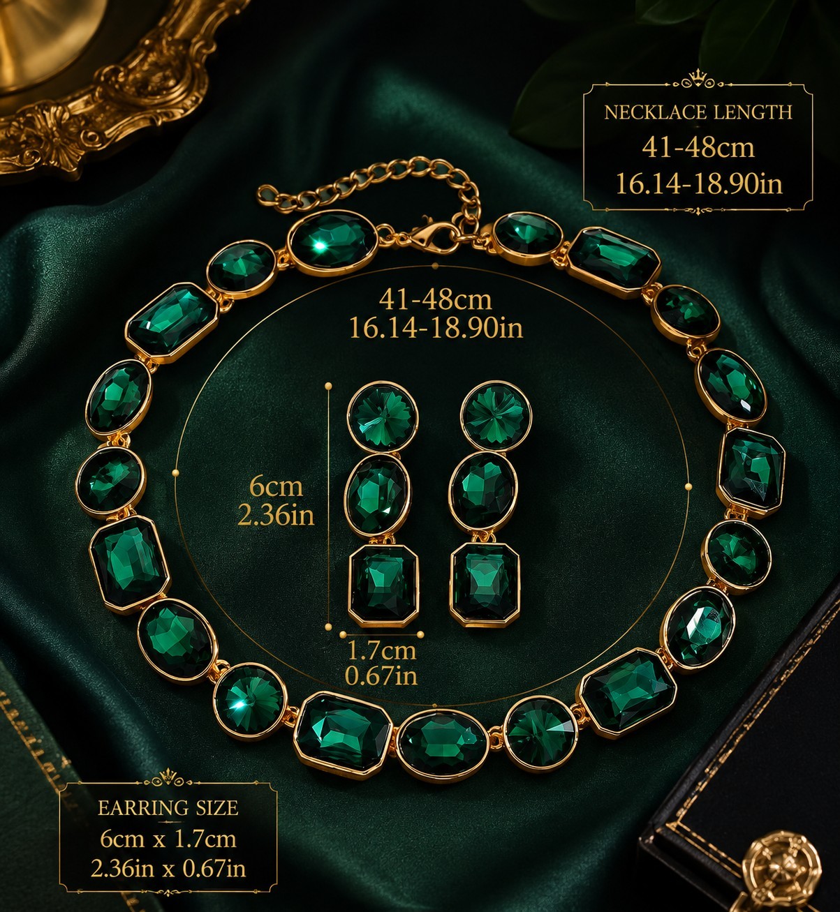 Emerald Green Crystal Jewelry Set Gold Necklace Earrings Wedding Prom Gift