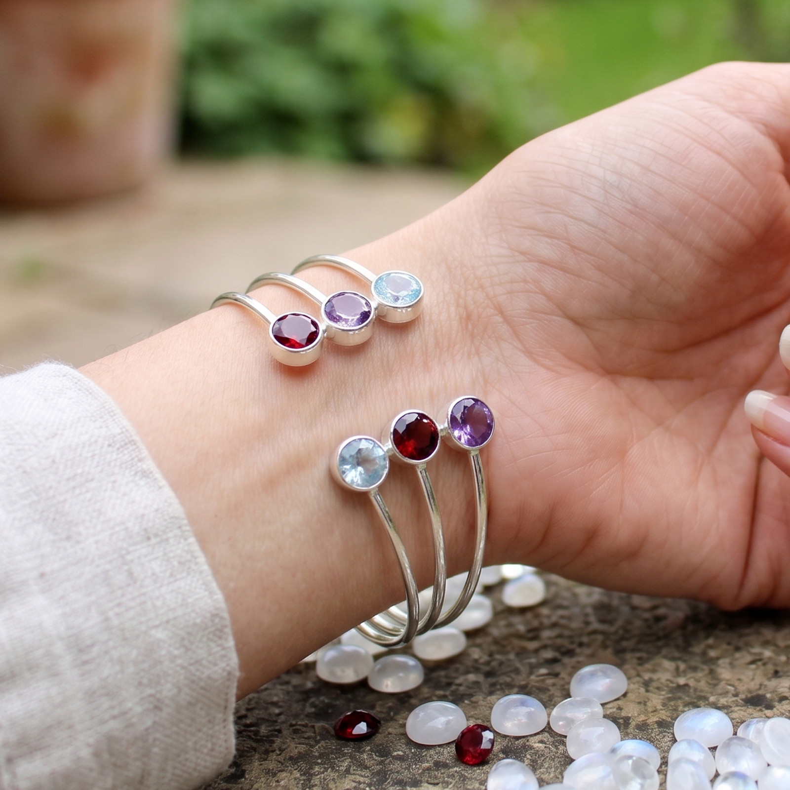 925 Sterling Silver Triple Raw Natural Gemstone Cuff Bracelet, Multi Stone Jewel