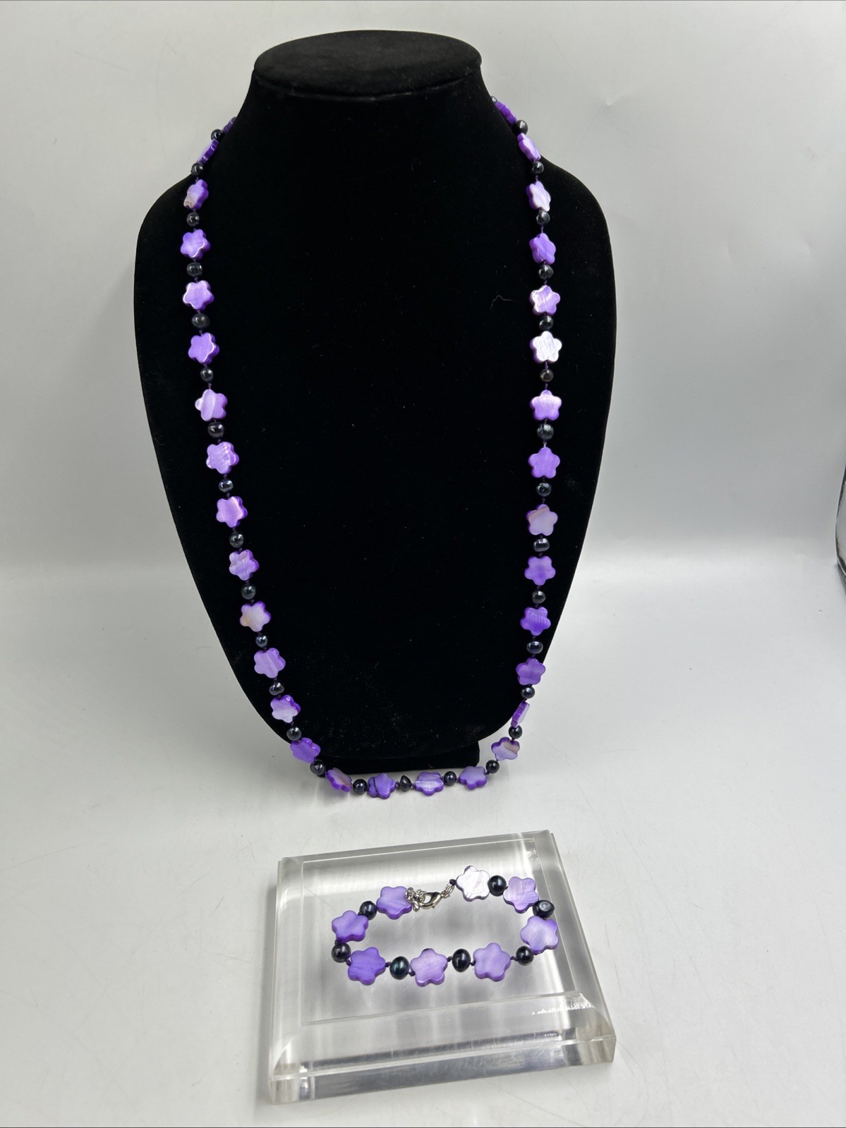 Boho Purple Flower Glass Bead Briolette Necklace 35 in And Bracelet