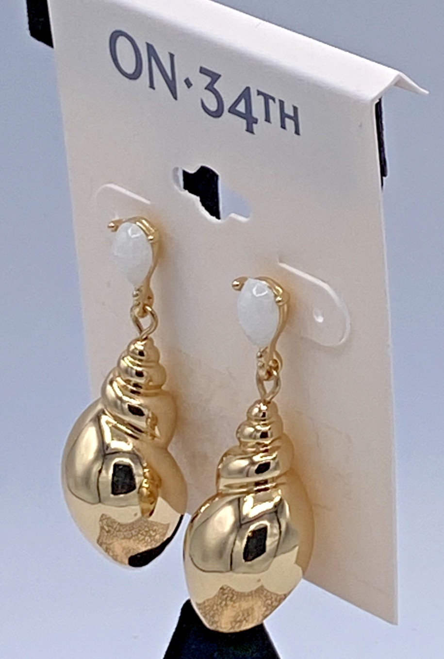 ON 34th Gold Tone Shell & White Stone Drop Earrings, 1.75″, NWT