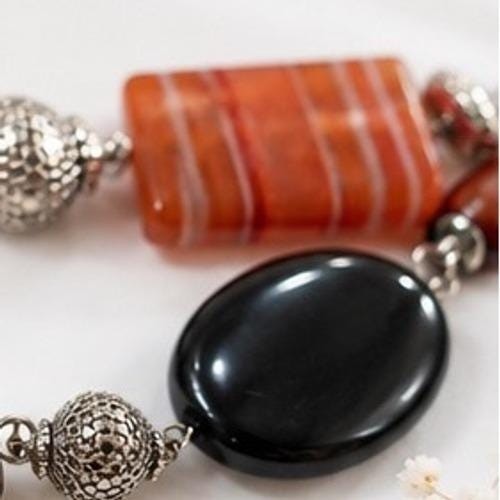 Boho Mixed Media Statement Necklace Orange Black Silver Beaded Chunky Long Line