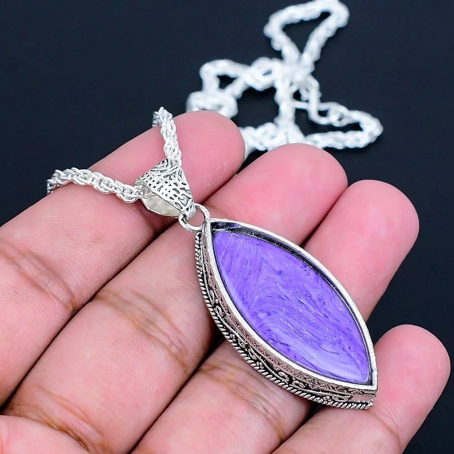 Charoite 925 Silver Plated Handmade Necklace of 18″