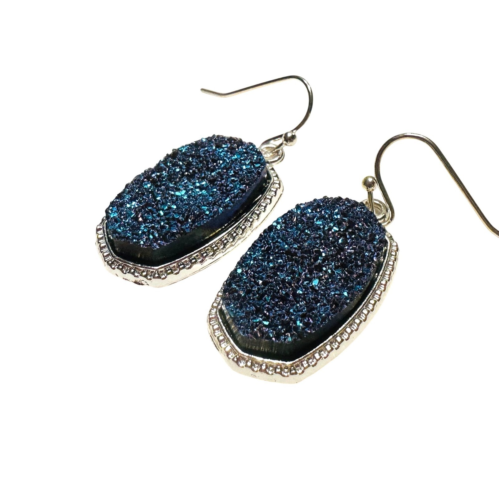 Blue & Purple Druzy Quarts Sparkle Oval Drop Earrings Silver-Tone