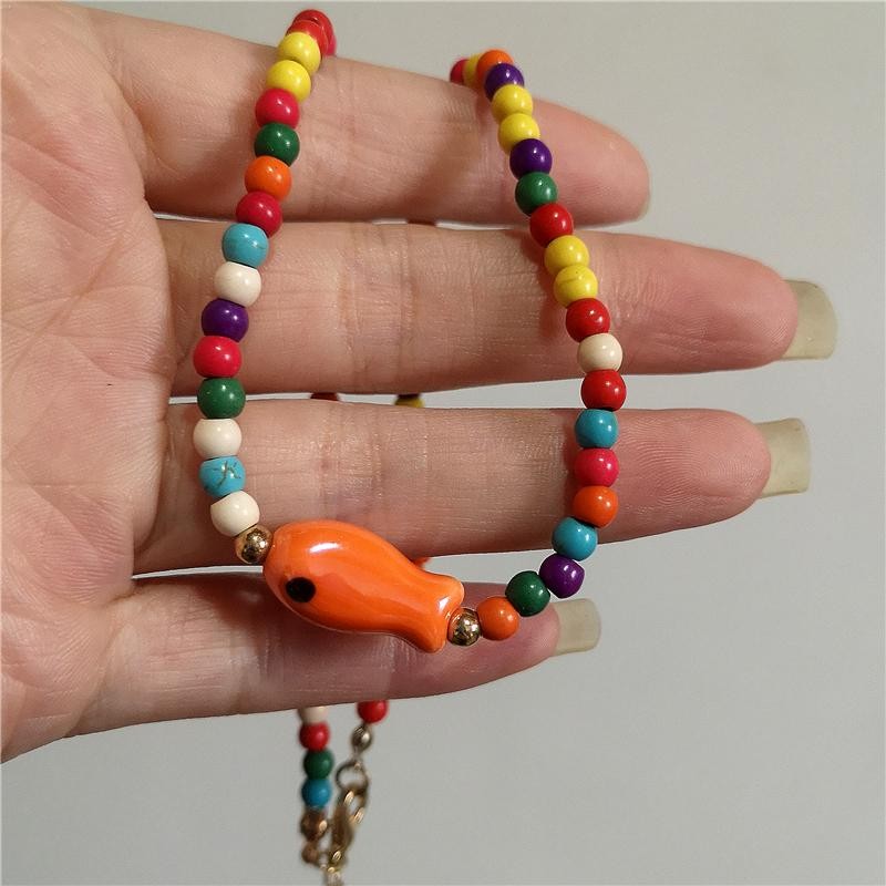Orange Ceramic Fish Starfish Pendant Beaded Choker Necklace Boho Vacation