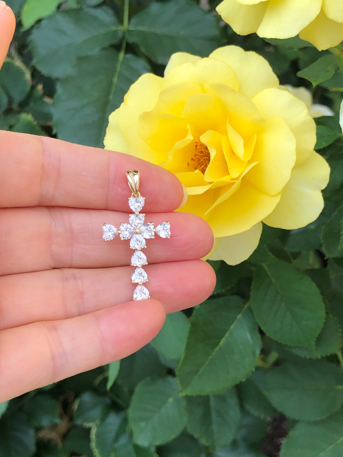 925 Sterling Silver CZ Gold Heart Cross Pendant Women 26mm(1.02″)/33mm(1.3″)