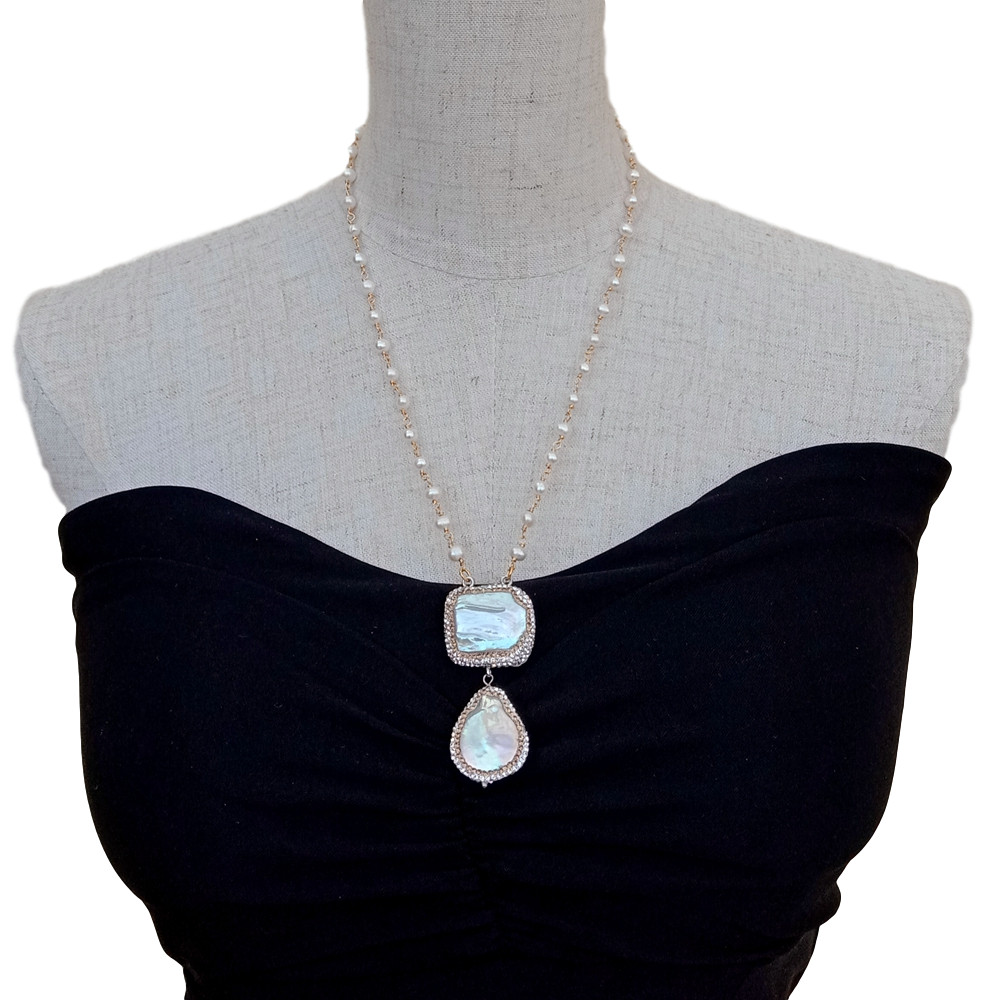 20″ Freshwater Cultured White Pearl Rosary Chain Necklace Keshi Pearl Pendant