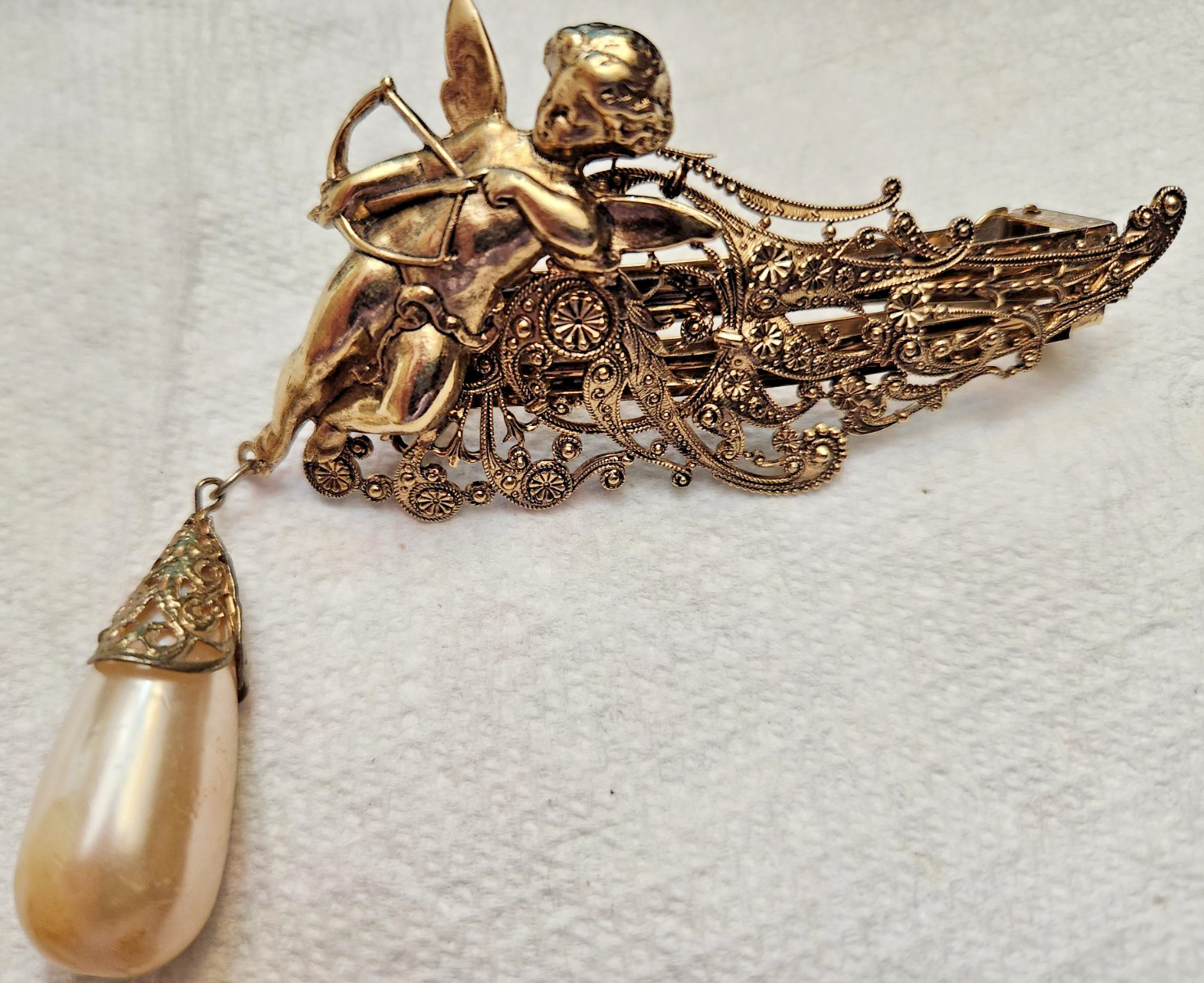 Vtg. Kirks Folly Cherub AngelFaux Pearl Hair Barrette Clip Made In France signed