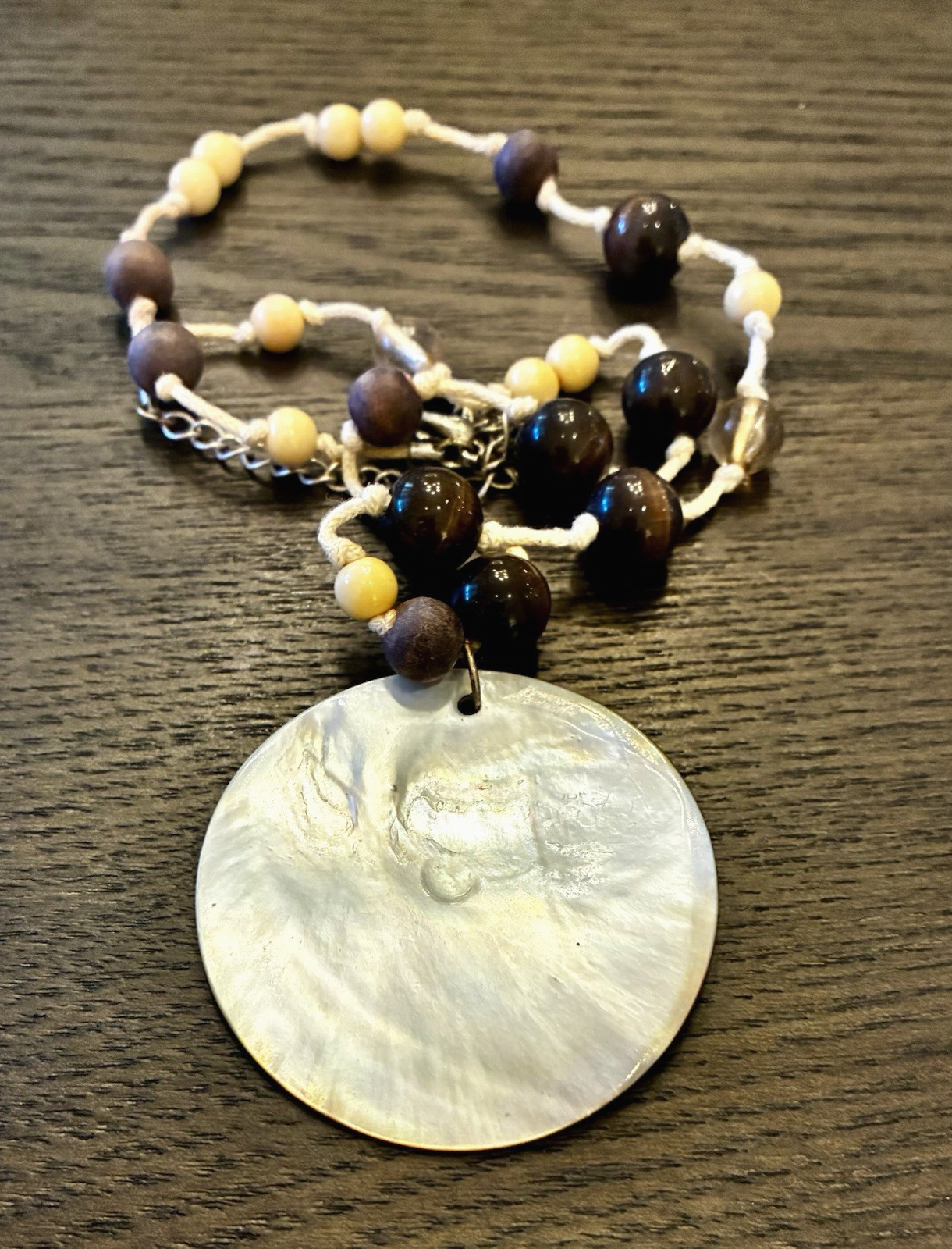 Abalone Shell Pendant Necklace Tiger’s Eye & Wood Brown/Beige Beads 17” Cord YS