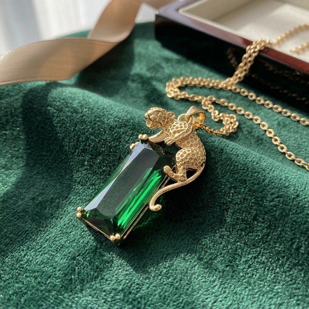 Leopard Animal Pendant Necklace with Rectangular Gemstone Gold Tone Chain